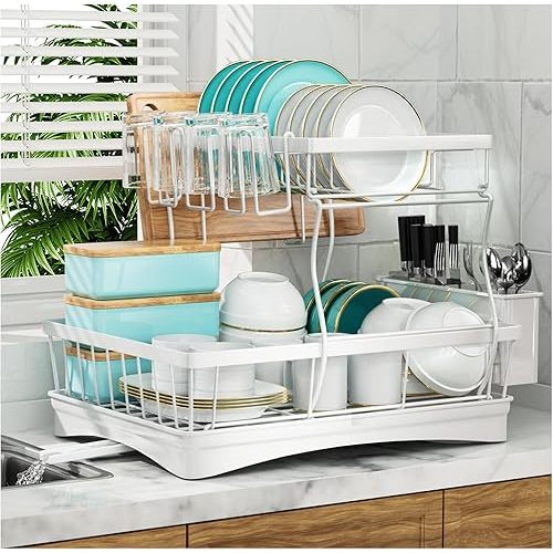 Large Dish Drying Rack, 2-Tier Dish Racks for Kitchen Counter, Detachable Large Capacity Dish Drainer Organizer with Utensil Holder, Dish Drying Rack with Drain Board, White