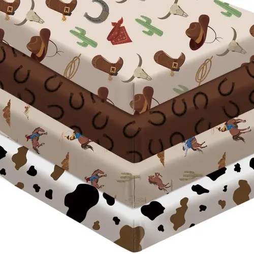 4 Pcs Western Cowboy Crib Sheet Set Newborn Nursery Crib Sheets for Standard Crib Toddler Mattress Baby Bedding Sheet Set Soft Breathable Crib Sheet Set for Boys Baby Gifts, 52 x 28 x 8 Inches