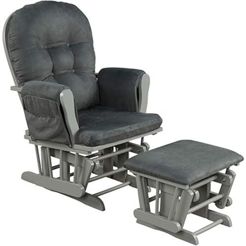 Costzon Nursery Glider with Ottoman, Upholstered Comfort Glider Rocker with Padded Cushion, Storage Pocket, Solid Wood Base, Rocking Chair Nursery for Breastfeeding, Napping (Dark Gray)