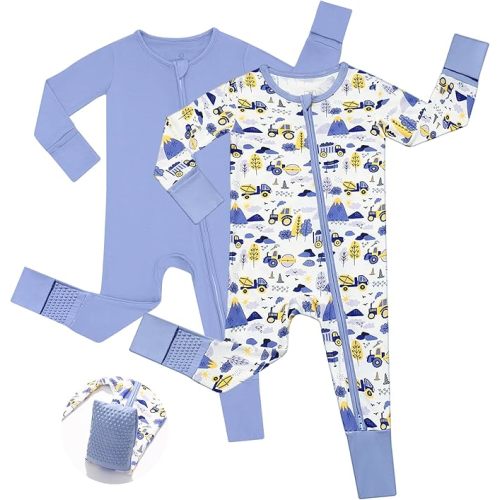 Bamboo Baby Boy Sleeper with Mitten Cuffs, Footless Soft Zippy Pajamas, Sleep N' Play Romper 0-18 Months