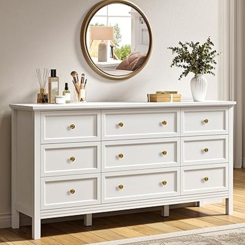 59" White Dresser for Bedroom, 9 Drawer Wood Dresser with Gold Handles, Wide Large Dressers & Chests of Storage Drawers for Hallyway, Entryway