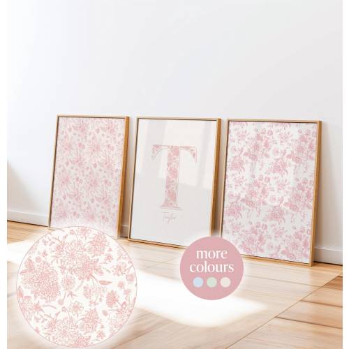 Pink floral nursery print custom name flower set of 3 personalised initial letter chinoiserie wall art teen girl coquette dorm decor pink