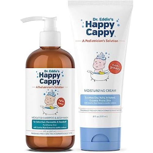 Happy Cappy Medicated Shampoo and Cream Bundle, Manage Cradle Cap, Seborrheic Dermatitis, Dandruff, and Soothe Dry, Itchy, Sensitive Eczema Prone Skin, for All Ages, One 8 oz bottle and One 6 oz tube
