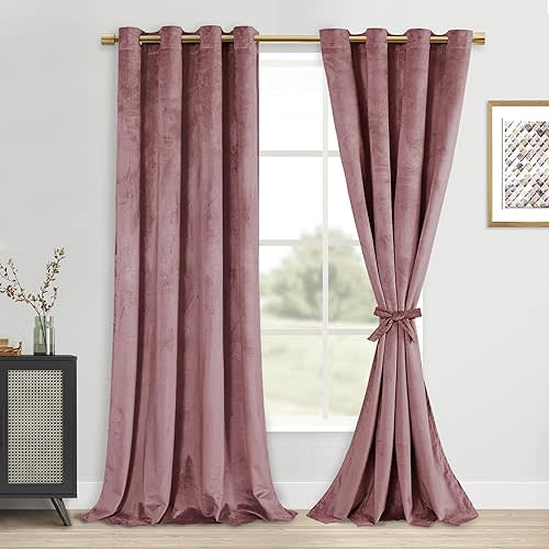 DWCN Velvet Blackout Curtains with Tiebacks - 84 Inches Long Tieable Window Curtains Panels Grommet Design Thick Fabric Thermal Insulated Window Dressing for Dining, W52 x L84, 2 Panels, Wild Rose