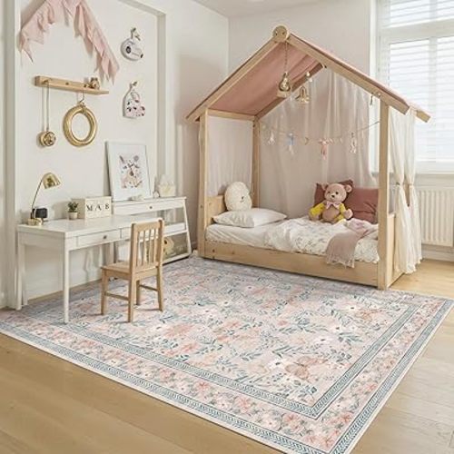 Pink Floral 5x7 Washable Area Rug, Vintage Boho Non Slip, Low Pile Rugs for Bedroom,Girls Nursery Kids Room,Dining Room,Livingroom(Coral 5x7ft)