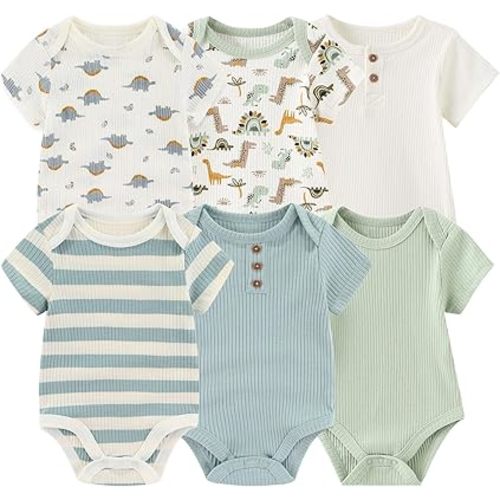 Newborn Baby Boy Girl Bodysuit 6 Pack Soft Short Sleeve Ribbed One-Piece Outfit Clothes Sets