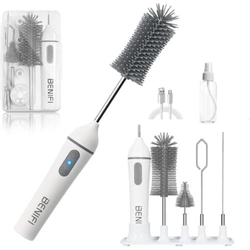 Travelling Electric Bottle Brush Set, Baby Bottle Brush Set, Long Handle Bottle Brush, BPA Free Silicon Bottle Brush, Storage Stand, Milk Mixer, Egg Whisk Included (Gray, Normal)