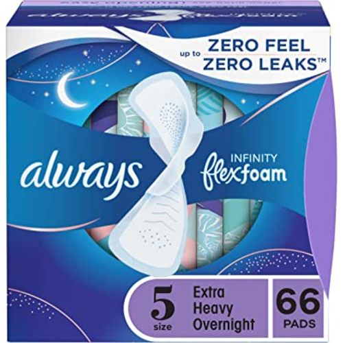 Always Infinity Feminine Pads for Women, Size 5 Extra Heavy Overnight, with wings, unscented, 66ct