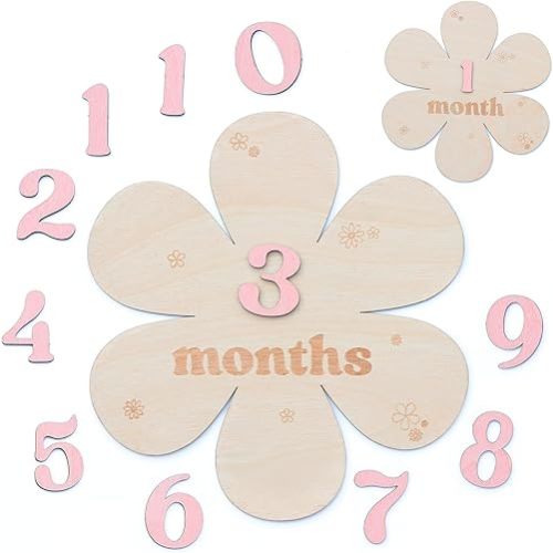 Baby Monthly Milestone Cards - Wooden Monthly Milestone Discs - Newborn Photography Props to Document Your Baby´s Growth - Baby Announcement Sign (Peta Flower)