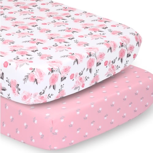Peanutshell Nursery Mini Crib Sheet Set for Baby Girls, Pink Roses, Ditsy Floral, 2 Pack