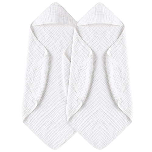 2 Pack Hooded Baby Towels - 100% Muslin Cotton for Newborns, Infants, Toddlers - Large 32x32Inch Size - Highly Absorbent and Essential for Newborn Care