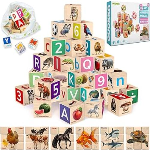 Quokka Montessori Wooden Blocks for Toddlers 1-3 - 35 Realistic ABC Learning Baby Blocks for Kids 3-5 Year Olds - Stacking Alphabet Wood Toys for 2-4 yo - Learn Letters Numbers