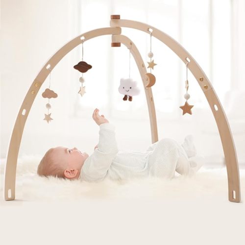 Baby Play Gym Wooden Infant Activity Gym with 5 Detachable Toys, Stage-Based Developmental Activity Gym Baby to Toddler, Newborn Baby Gift for Boys and Girls - burlywood