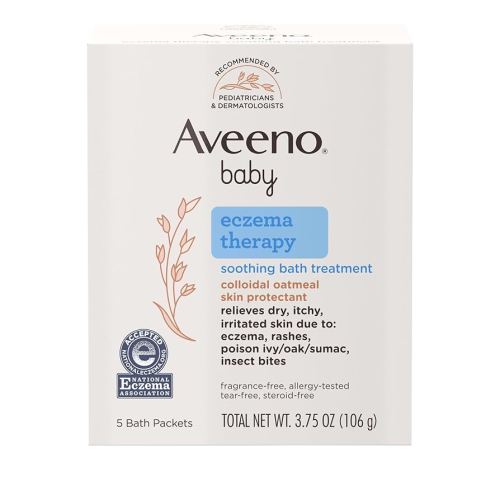Amazon.com: Aveeno Baby Eczema Therapy Soothing Bath Treatment for Relief of Dry, Itchy & Irritated Skin, Made with Natural Colloidal Oatmeal, Fragrance-, Paraben-, Steroid- & Tear-Free, 5 ct : Health & Household