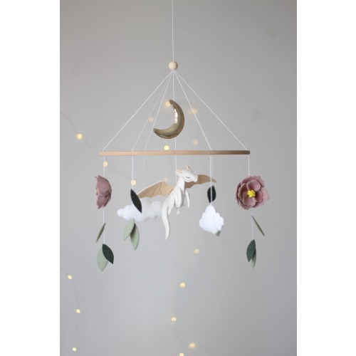 Dragon mobile for fairy nursery |  Dreamy Pink Flower & Green Foliage Dragon Mobile | Magical Baby Shower Gift