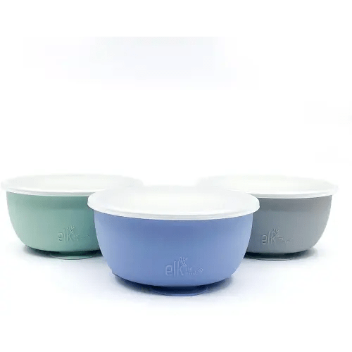 Elk and Friends Stainless Steel Bowls with Silicone Sleeve for Babies & Toddlers | Lids Included | Stay Put Suction | Cereal & Snack Bowls | 3 Pack…