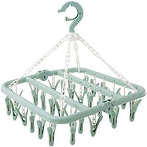 Clothes Drying Hanger with 32 Clips Foldable Clip Hangers Drip Plastic Wind Proof Hook for Drying Towels Underwear Bras Baby Clothes Plastic Laundry Sock (Green)