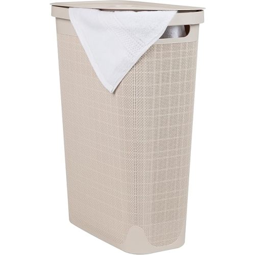 Mind Reader 40L Slim Laundry Hamper, Clothes Basket, Lid, Linen Design, Plastic, 18.5”L x 10.75”W x 23.5”H, Ivory