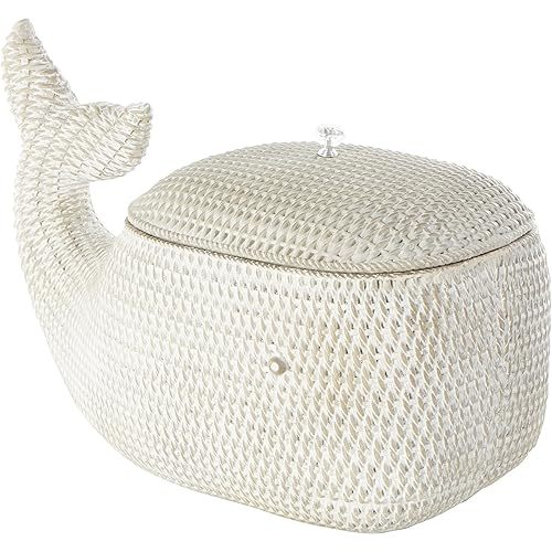 Deco 79 Resin Whale Decorative Box Woven Inspired Storage Decorative Keepsake Box with Clear Knob, Storage Box 19" x 10" x 12", Cream