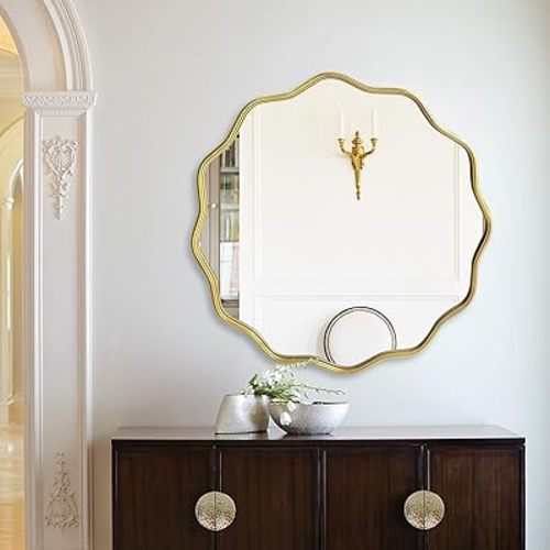 ironsmithn Gold Round Mirror, 24" Bathroom Mirror, Scalloped Mirror, Circle Decorative Wall Mounted Mirrors for Bedroom Living Room Home House Office Entryway