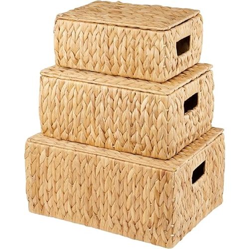 84ECO Set of 3 Wicker Baskets with Lid - Woven Storage Basket with Lid - Decorative Storage Boxes for Bathroom, Bedroom and Shelves