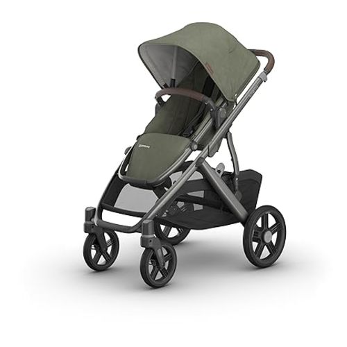 UPPAbaby Vista V3 Full-Size Single-to-Double Stroller System, Toddler Seat, Bug & Rain Shields, Storage Bag Included, Evelyn (Meadow Green/Graphite Frame/Chestnut Leather)