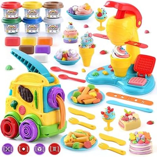 PLAY 2 in 1 Color Dough Kitchen Creations Set, Ice Cream Noodle Maker Color Dough Sets for Kids Ages 4-8, Kitchen Food Toys for Boys Girls Kids Toddlers Ages 3+, with 18 oz Multicolor Clay