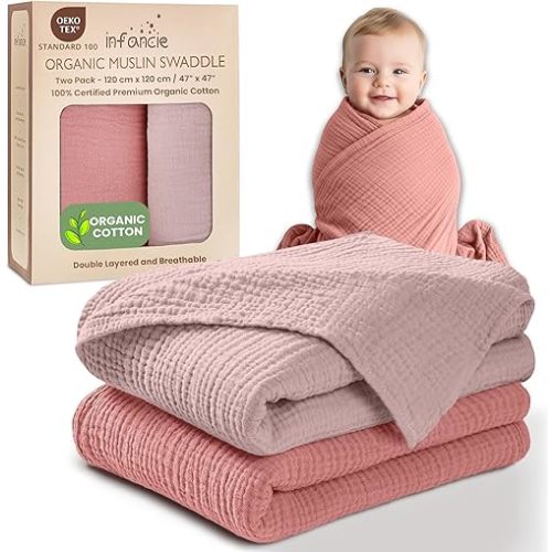 Organic Cotton Muslin Baby Blanket - 47x47 Inch Breathable Swaddle, Hypoallergenic Double-Layer, Versatile Use (Rose/Peach, 47x47 Inch)
