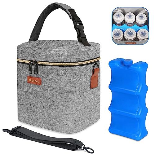 Mancro Baby Bottle Bag with Insulated Cooler, Fits 6 Baby Bottles Up to 9 Ounce with Ice Pack, Breastmilk Cooler Bag with Adjustable Shoulder Strap for Easy Carrying, Grey