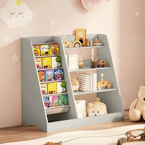 4 Tier Kids Wooden Bookshelf,Baby Storage Book Rack,5 Sling Deep Sleeves Children Bookcase,Baby Toddler Wooden Book Shelf, Display Cabinet for Playroom, Bedroom, Classroom, Nursery, School