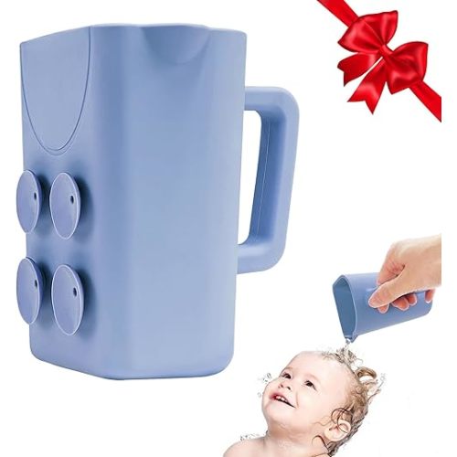 EASICUTI Baby Bath Rinse Cup with Suctions, Easy to Drain, Soft Food Grade Silicone, Shampoo & Body Washing Rinser Cup for Kids with Easy Grip Handle to Rinse Baby Shampoo- Baby Essentials, Blue