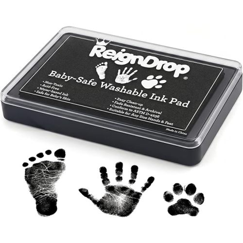 ReignDrop Baby Ink Pad for Hand and Footprints, Non-Toxic Acid-Free Keepsake Kit, Smudge-Proof Archival Ink Wipes Off Skin, for Scrapbook, Photo Album, Frames & Pet Paws, Baby Gift (Black)