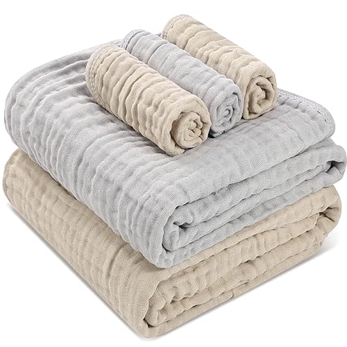 HardNok Muslin Baby Towels,2 Large Gauze Towels & 3 Washcloths, 6-Layer 100% Muslin Cotton for Sensitive Skin. Versatile as Towel & Blanket. Ideal for Baby Showers & New Moms (Beige Grey, 5 Pack)