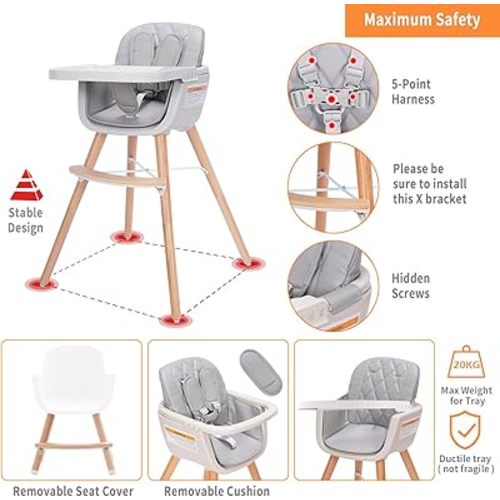 3-in-1 Convertible Wooden High Chair, High Chairs for Babies and Toddlers, Baby High Chair with Adjustable Legs & Dishwasher Safe Tray, Made of Sleek Hardwood & Premium Leatherette, Gray Color