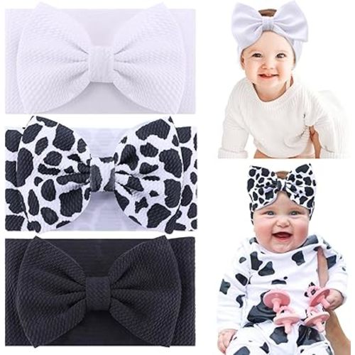 Cow Baby Bows, 3pcs Western Cowgirl Elastic Nylon Headbands for Baby Girls, Soft Handmade Print Newborn Hairbands Hair Accessories for Preemie Infant Toddlers Birthday Party