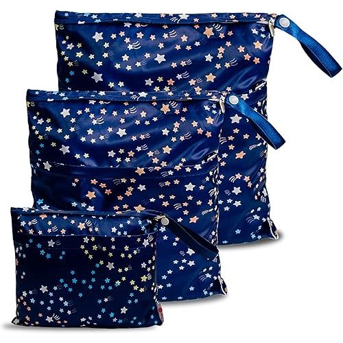 Joyo roy 3Pcs Wet Dry Bag Reusable Baby Wet Bags for Pump Parts, Cloth Diapers, Wet Suits, Swimsuits, Travel Dirty Clothes, Waterproof Diaper Bag Organizing Pouches with Zippered Pockets 3 Size(S,M,L)