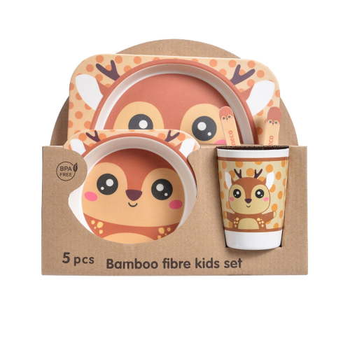5Pcs/Set Bamboo Kids Dinnerware Set - Children Dishes - BPA Free Food Plate Bowl Cup Spoon Fork Set Dishware, Cartoon Tableware - Square Deer