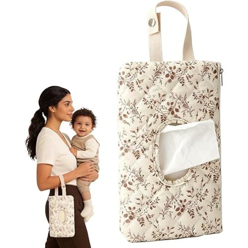 Quilted Baby Wipe Holder with Snap Handle, Diaper and Wipes Pouch, Portable Reusable Soft Cotton Floral Wet Wipes Case for Stroller, Car, Travel (Beige)