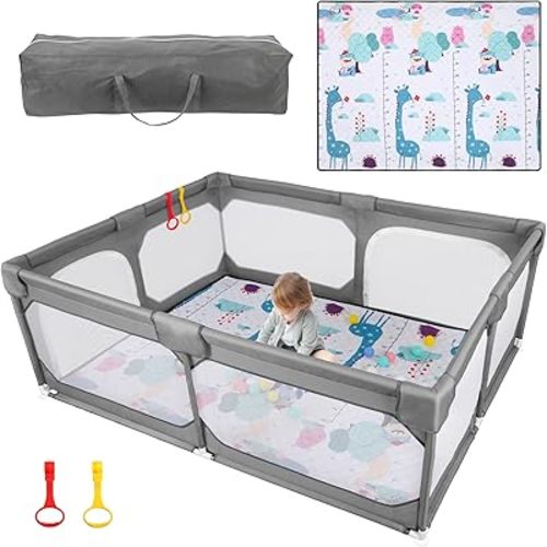 Baby Playpen with Mat 75"*59", Large Play Pen for Babies and Toddlers with Soft Breathable Mesh, Climb-Proof Anti-Fall Baby Playpen, Sturdy Safety Play Yard for Indoor Outdoor Fun, Grey
