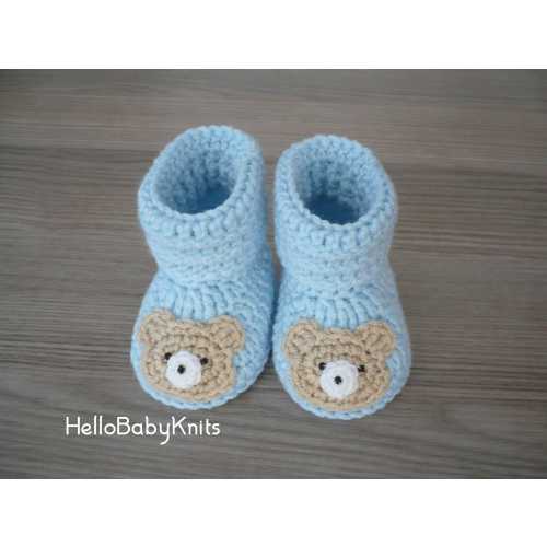 Teddy bear crochet baby booties, Blue baby boy booties, Bear baby booties, Newborn boy gift
