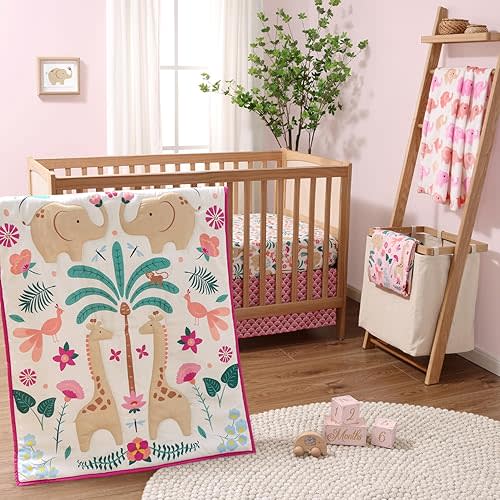 The Peanutshell 5 Piece Baby Crib Bedding Set for Girls - Newborn, Infant & Toddler Nursery Bed Set Decor with Fitted Crib Sheets, Blanket, Dust Ruffle, Crib Comforter - Bright Safari