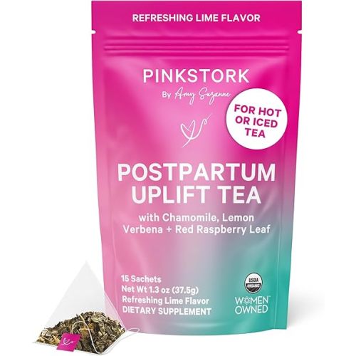 Pink Stork Postpartum Uplift Mood Support Tea: Hormone Balance for Women After Pregnancy, Chamomile Tea with Red Raspberry Leaf for Postpartum Recovery - Caffeine-Free, Hot or Iced, 15 Sachets
