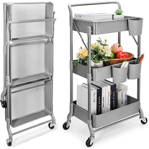 Foldable 3 Tier Metal Utility Rolling Cart, Folding Mobile Multi-Function Storage Trolley Organizer Cart for Home Library Office(Grey)