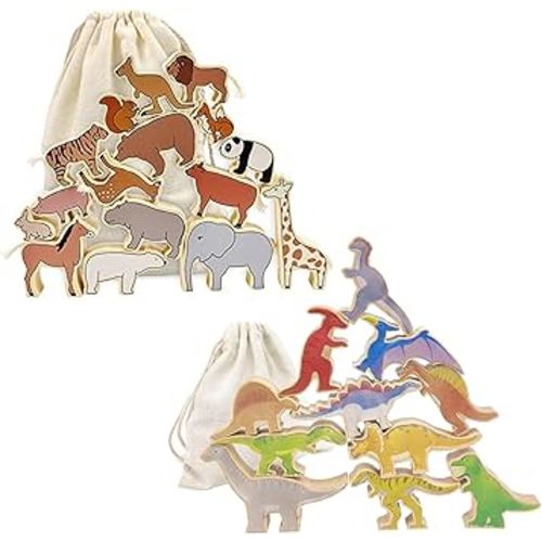 Bundle of Wooden Zoo Animal Blocks and Dinosaur Blocks Stacking and Balancing Toys