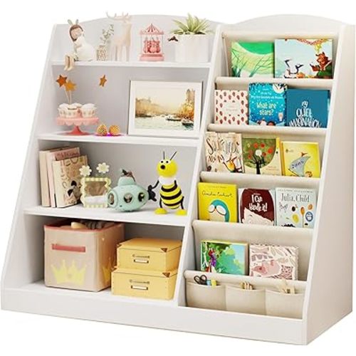 montessori bookshelf Storage Organizer 4 Tier Wooden Kids Book Shelf with Sling Book,Baby walking bookshelf,book display shelf for Nursery Playroom, children's room kindergarten, classroom,library