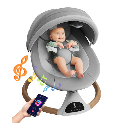 Babyomi Baby Swings for Infants, Bluetooth Infant Swing with Music Speaker with 5 Point Harness Belt, 5 Speeds and Remote Control - Portable Baby Swing for Indoor and Outdoor Gray
