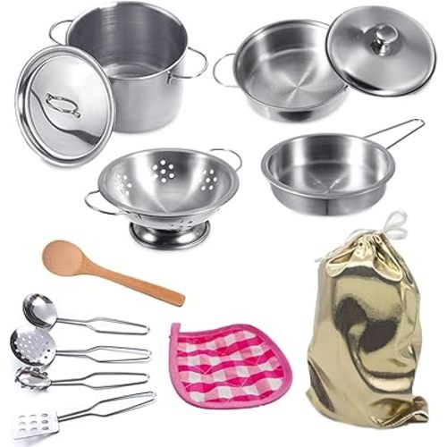Mini Play Pots and Pans Toys for Kids Kitchen Playset Pretend Cookware Utensils Play Set Play Cooking Toys Mini Stainless Steel Cooking Utensils Toys Kitchen Playset Accessories for Boys Girls