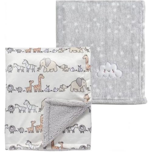 CREVENT 2Pcs 30''X40'' Cute Cozy Fluffy Warm Baby Blankets for Infants Toddlers' Bedding Crib Cot Stroller - Grey Cloud + Minky Animal