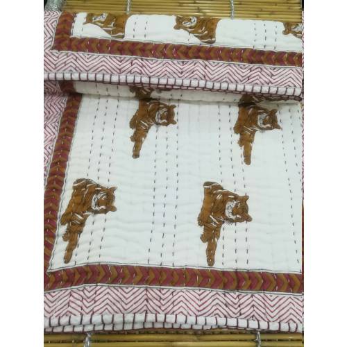 Handmade Tiger Print Baby Quilt: Indian Cotton Kantha Reversible Rajai