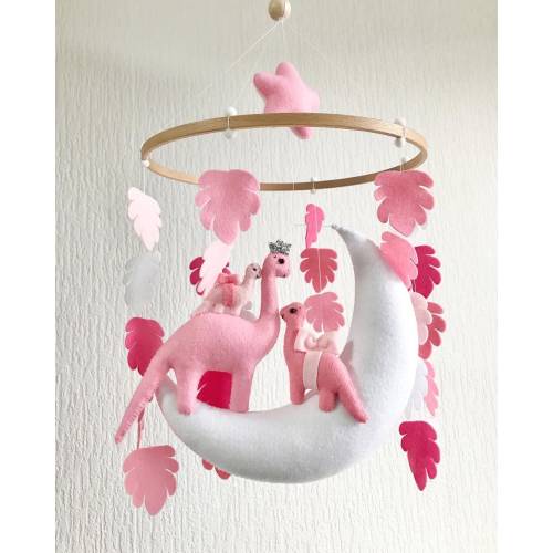 Baby mobile Dinosaur Pink girl Nursery decor Monstera - Hanging Crib baby mobile - Baby shower gift Dinosaur felt